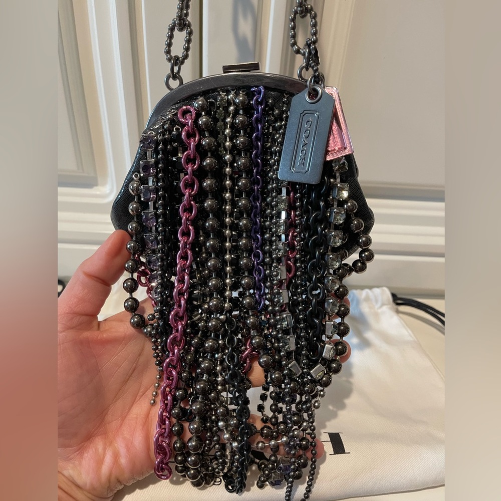 Ltd Coach jeweled black leather cocktail bag/clutch with chains & rhinestones - Picture 1 of 6